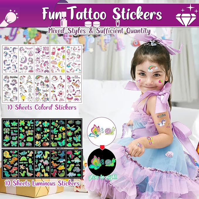 TEUVO Kids Glitter Tattoo Kit with 25 Colors, 225 Stencils, 6 Pens, 2 Rhinestone Sheets, 5Brushes, 3Glues, 20 Sheets Colorful & Glow-in-the-dark Mixed Temporary Tattoos Stickers for Halloween Birthday