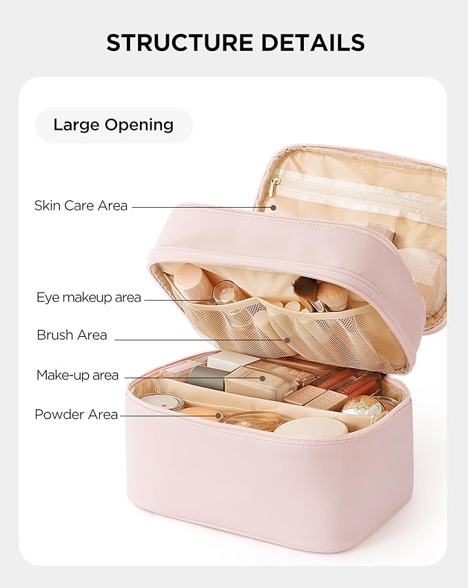 Makeup Bag for Women X-Large Travel Makeup Bag Organizer Portable Toiletry Bag Cute Makeup Bags Waterproof Leather Cosmetic Bag Makeup Case with Removable Dividers, Pink