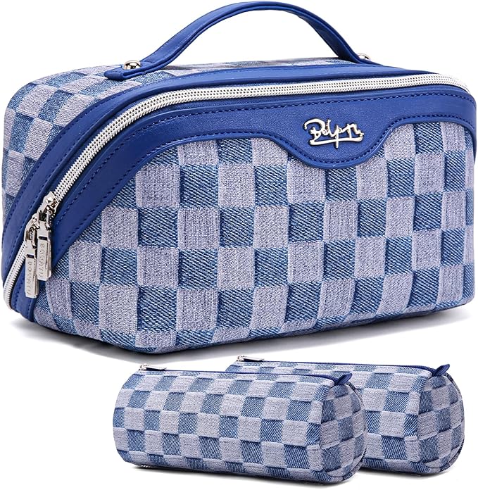 BOYATU Travel Makeup Bag for Women: Large Cosmetic Bag Set of 3 - PU Leather Make up Bag with Compartments - Compact Waterproof Toiletry Bag with Divider & Handle (C-01Blue)