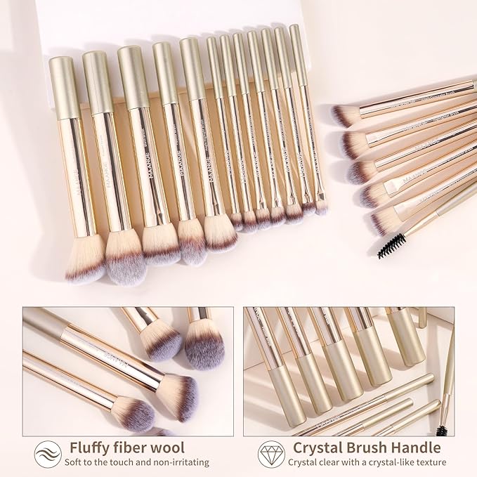MAANGE 18 Pcs Makeup Brushes with Laser Bag, Premium Synthetic Makeup Brush Set Professional Makeup Tools Eyeshadow Eyebrow Foundation Blush Concealer Face Powder Blending Brushes Kit-Champange Gold