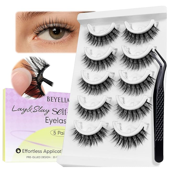 BEYELIAN Self Adhesive Eyelashes No Glue Needed Pre Glued Reusable False Eyelashes, Wispy Natural Look Faux Mink Press on Lashes 5 Pairs ZCV-189