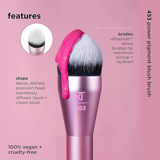 Real Techniques Power Pigment Blush Makeup Brush, Cheek Brush For Liquid & Cream Blush, Dense, Synthetic Bristles, Unique Pointed Shape For Precise Application, Vegan & Cruelty Free, 1 Count