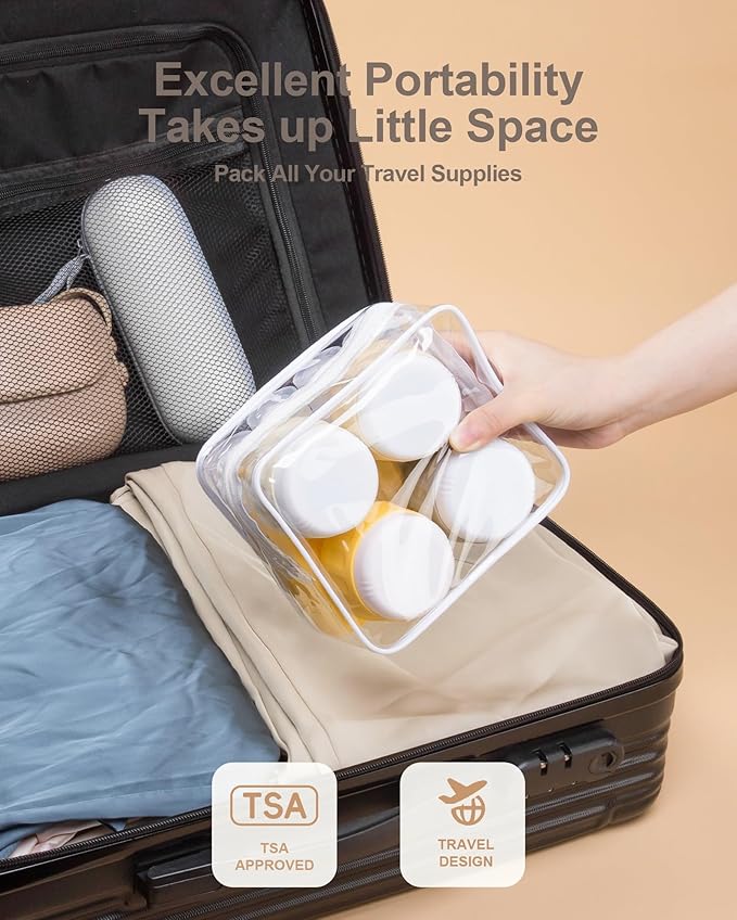 Travel Bottles for Toiletries 8 Pack, Travel Size Toiletries, Tsa Approved Travel Size Containers 3oz, with Travel Essentials Clear Bag, Leak Proof Silicone Squeezable Creams Jars