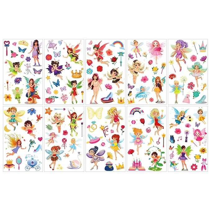 Fairy Temporary Tattoos for Kids - 145 Pieces Glitter styles body Face Makeup Fake Tattoos for Girls,Birthday Party Tattoos Stickers Supplies,Holiday Party Favors Gifts Goodie Bag 10 Sheet