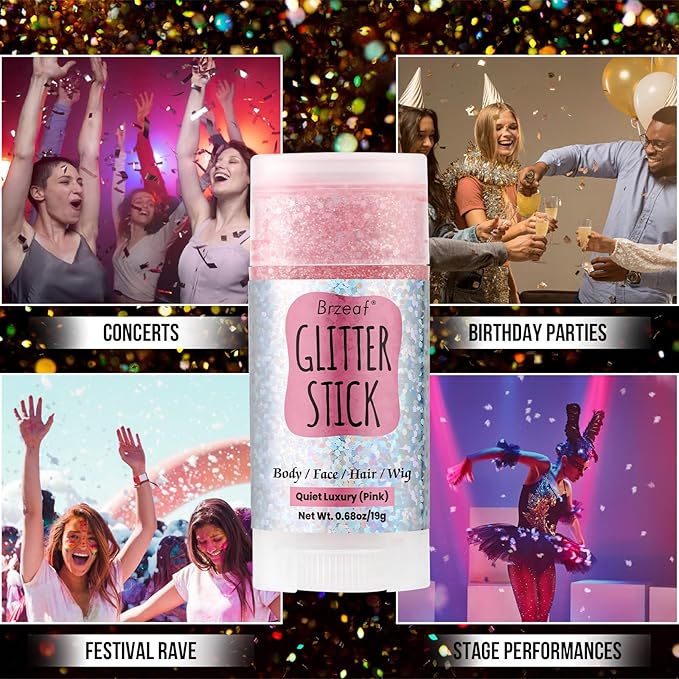 Brzeaf Pink Glitter Stick, Not Greasy & Long Lasting, Halloween Face Glitter Gel, Chunky Glitter for Face/Body/Hair/Eyes/Lip, Singer Concert Music Rave Festival, Glitter Stick Makeup for Women Men