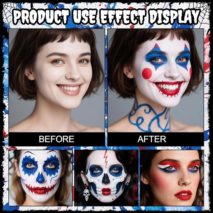 Face Body Paint, Pinturas Para Halloween Full-coverage Multi-Color Cream Makeup Body Paint for Adult Halloween Cosplay SFX Makeup Paint Halloween Cosplay Costume Party, Red+white+Blue 30g*3