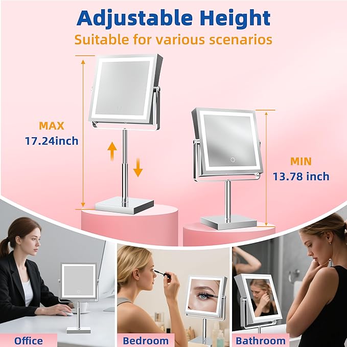 Ruacq Rechargeable Makeup Mirror, 4000mAh Lighted Makeup Mirror with Magnification 1X/10X, Height Adjustable Vanity Mirror with Lights, 3 Color Lights, Adjustable Brightness, 360°Rotation (Chrome)