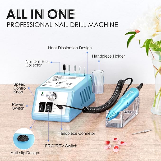 Subay Professional Nail Drill Electric File 20000RPM for Acrylic Nails, Gel Nail, Nail Art Polisher, Manicure Pedicure Tools for Salon Home