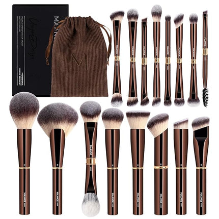 MAANGE Makeup Brushes 16Pcs Professional Foundation Powder Blush Contour Eyeshadows Double-End Makeup Brushes Set with Bag and Gift Box-CoffeeBrown