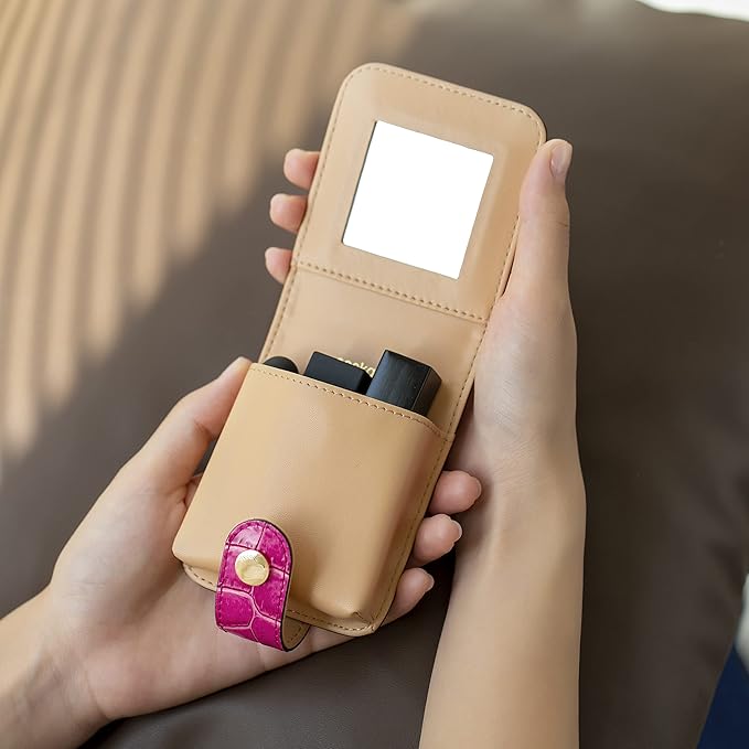 Cockatoo Leather Lipstick Case with Mirror Makeup Holder Portable Small Cosmetic Bag for Women More Colors