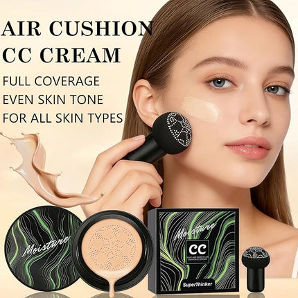 Air Cushion CC Cream Mushroom Head Foundation Makeup, BB Cream Face Makeup Foundation for Mature Skin, Moisturizing Natural Coverage, Tattoo cover up, Even Skin Tone for All Skin Types (Natural)