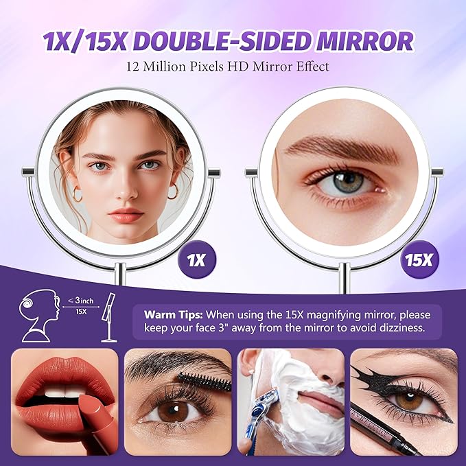 9" Makeup Mirror with Lights: 1X/15X Lighted Makeup Mirror with Magnification, True HD Magnifying Mirror with 3 Color Lights, 360°Rotation Double Sided Desk Mirror, Base Charging & Touch Switch,Chrome