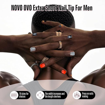 NOVO OVO Extra Short Nail Tips for Men and Women with Wide and Short Nail Beds, Thick Square Round Full Cover False Nails Press on, Soft Gel for Acrylic Fake Nails Extension kit 16 Sizes x 640pcs