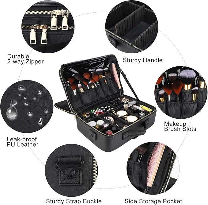 Travel Makeup Train Case, PU Leather Professional Makeup Case with Adjustable Strap Portable Cosmetic Organizer Artist Storage Bag for Toiletry Jewelry Digital Accessories (L-Black)