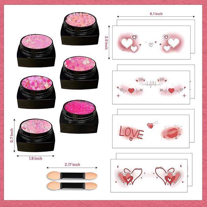 LALACE Face Glitter, Pink Body Glitter Gel - Long-Lasting Holographic Glitter for Hair, Face, Body, Shimmer Eyeshadow, 8PCS DIY Heart Love Temporary Tattoos, Valentine's Day Gifts for Girlfriend