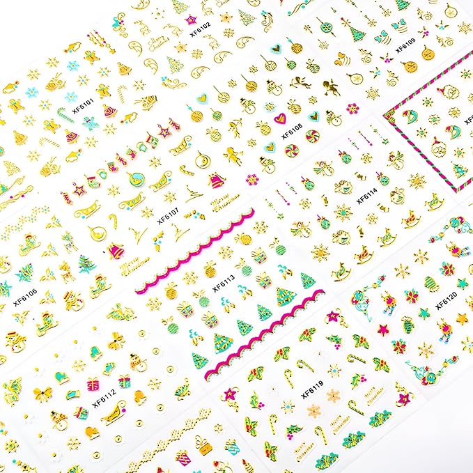 24 Sheets Christmas Nail Art Stickers Gold Snowflake Nail Decals 3D Self- Adhesive Pegatinas Uñas Snowman Elk Christmas Trees Nails Nail Supplies Nail Art Design Decoration Accessories for Women and G