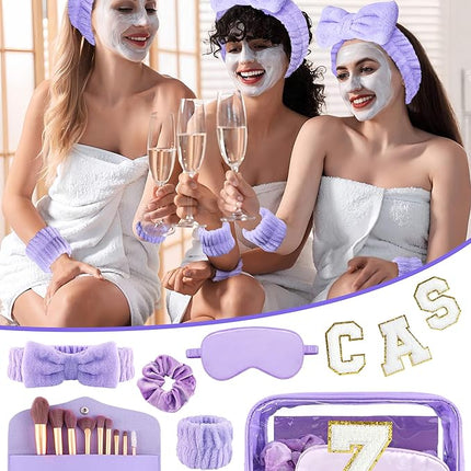 Gift Sets for Women, Initial Makeup Bag with Makeup Brush Set Bachelorette Party Favors, Purple Spa Kit with Skincare Headbands Wrist Bands Sleepover Party Supplies Gifts for Teen Girls Bridesmaid Z