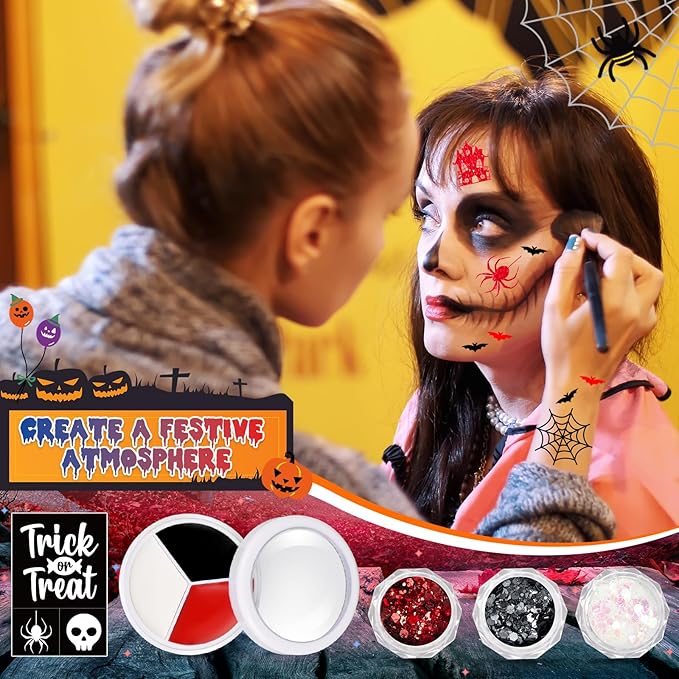 18 Pcs Halloween Face Paint Kit 3 Colors Red White Black Face Paint Kit with Glitter Stencil Makeup Brush for Halloween Cosplay Party Supplies