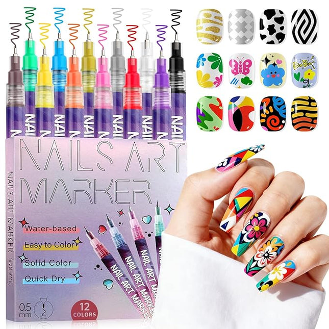 Kalolary 12 Color Nail Art Pens Set, Nail Polish Pens 0.5MM Fine Tip Acrylic Paint Pen Nail Art Markers Quick-Dry Nail Art Tools for Dotting Drawing Painting DIY Nail Art Beauty Manicure(A)