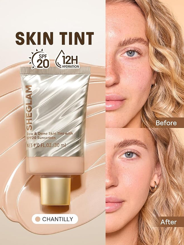 SHEGLAM Dew & Done Skin Tint with SPF20 Light-medium Coverage Foundation Evens Skin Tone-Chantilly