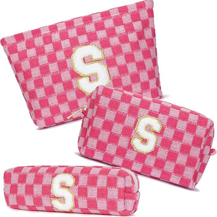Graduation Gifts for Her,3 Pieces Checkered Makeup Bag Personalized Initial Make Up Bag Cute Storage Pouch Travel Toiletry Cosmetic Bag Teacher Birthday Gifts for Women (Rose Red-S)