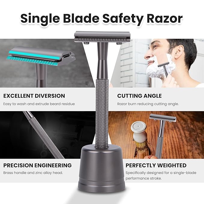 Double Edge Razor With Stand and 10 Premium Stainless Steel Blade Safety Razors For Men Shaving Razor, Matte Black Double Edge Safety Razor, Gun Black