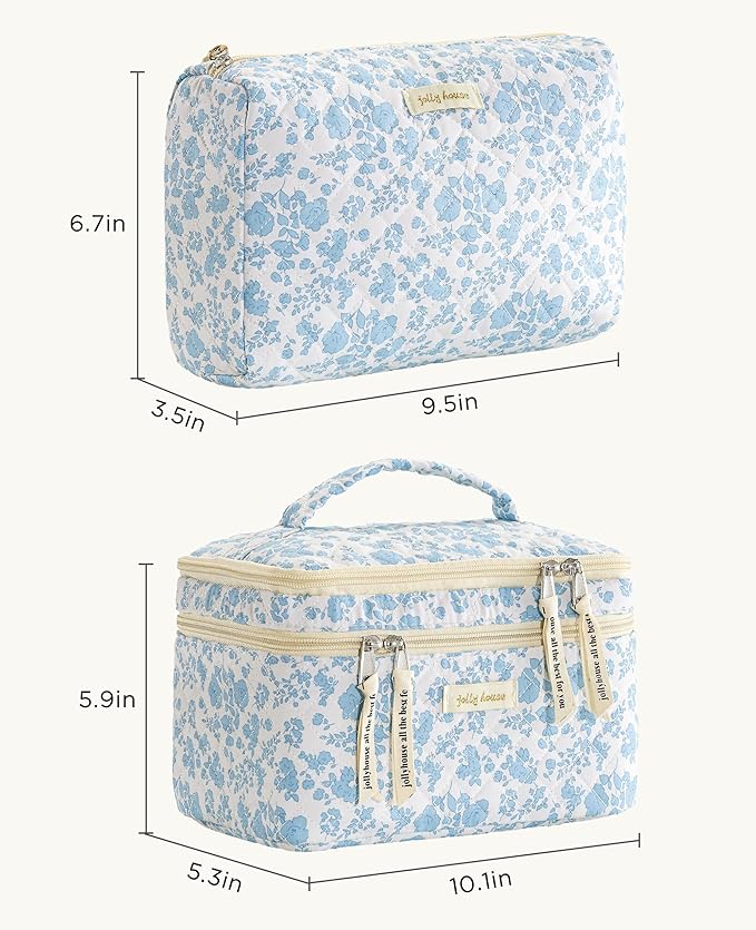HBselect 2Pcs Travel Makeup Bag, Large Cotton Quilted Makeup Bag Cosmetic Bag Cute Make up Bag Toiletry Bags for Women Girls