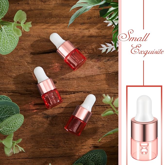100 Pcs Mini Glass Oil Dropper Bottle Bulk, Clear Essential Small Empty Bottles Sample Containers Perfume Liquid Vials with Cap for Traveling (1 ml,Pink Body)