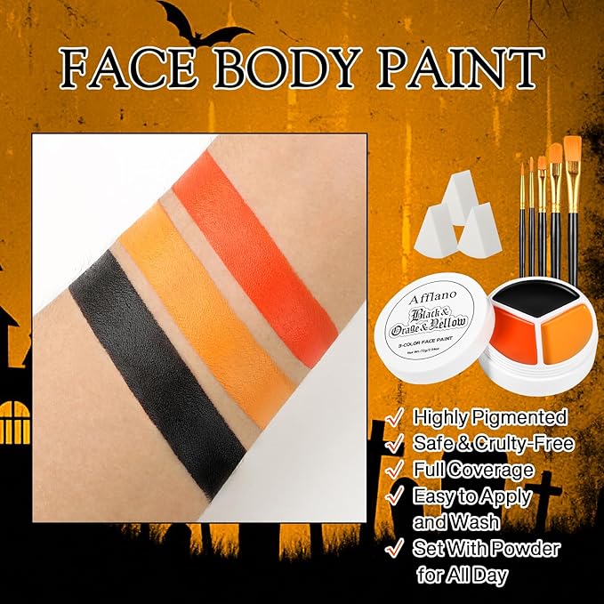 Black Orange Yellow Face Body Paint, Halloween Scarecrow Makeup Kit (3 Sponges + 5 Brushes), 9 Pcs Oil Based Non Toxic Face Painting Kit for Halloween Pumpkin SFX, Clown, Tiger, Lion, Fox, Costume Cos