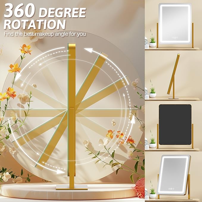 Vanity Mirror with Lights, 18"x22" LED Makeup Mirror with 10X Magnification, Smart Touch 3 Colors Dimmable, Light Up Mirror for Makeup Desk, 360° Rotation, Gold