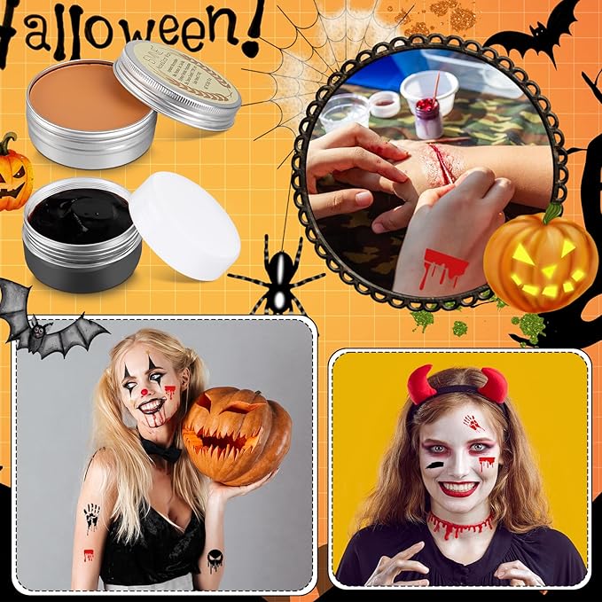 Halloween Makeup Set Scar Wax with 3 Color Bruise Wheel Face Body Paint Blood Gel and Stencils Spatula Sponges Makeup Brush for Halloween Fake Blood Costume Party Supplies Zombie Cosplay