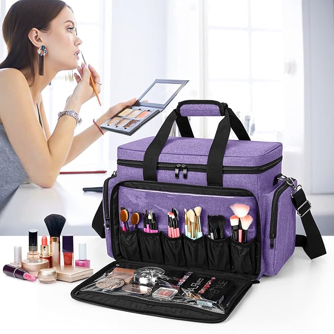 BAFASO Large Makeup Bag Cosmetic Bag with Removable Dividers, Travel Makeup Case Holds Cosmetics and Hair Supplies, Purple