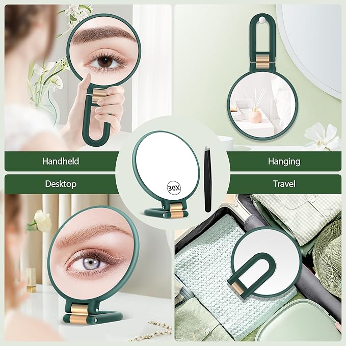 B Beauty Planet 30X Magnifying Mirror, Hand Mirror with Handle, Double Sided Hand Mirror with 30X/1X Magnification, Travel Essential Portable Foldable Makeup Mirror for Precision MakeupGreen