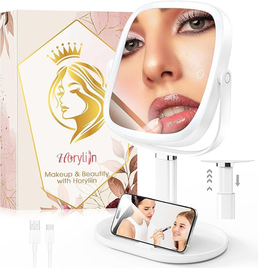 Makeup Mirror with Lights - 10x/1x Magnifying Mirror with Light, Rechargeable Desk Mirror with 3-Color Lighting & Memory Function, 360° Adjustable Table Mirror, Gift for Women (White)