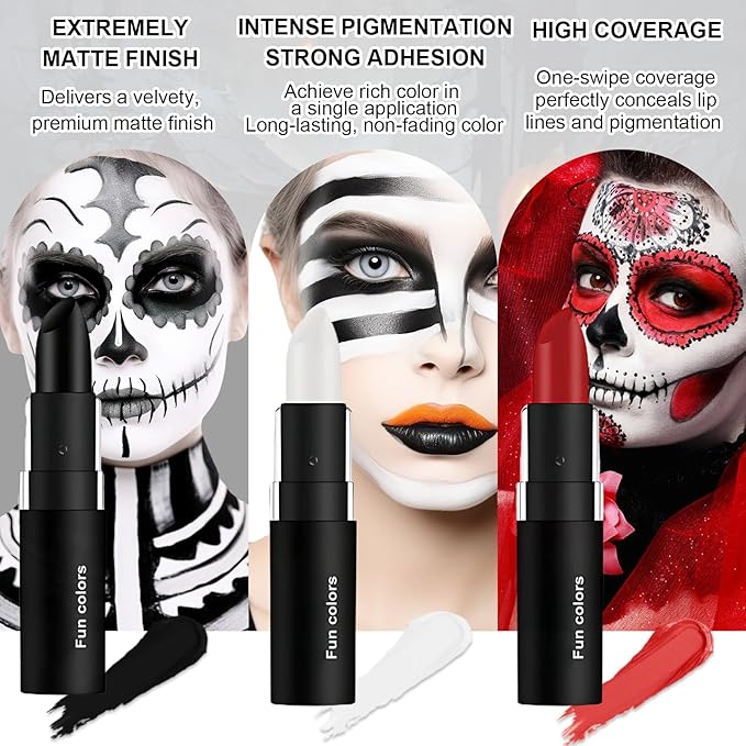 Black And Red Face Paint, Clown Make Up,Halloween Clown Black White Red Face Body Paint Stick Cream for Skeleton Vampire Skull Cosplay Special Effects Costume Sfx Halloween Makeup Kit