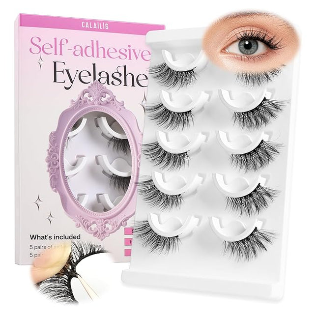 CALAILIS Self Adhesive Eyelashes 5 Pairs Natural Look Press On Lashes No Glue Need Eyelashes Reusable Cat Eye Wispy Self-adhesive False Lashes with Replacement Adhesive Strips (CP13)