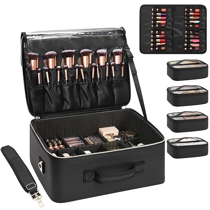 Relavel Extra Large Makeup Bag,Professional Makeup Train Case for Makeup Artists,Travel Cosmetic Organizer Box with 4 Small Portaleb Case Bag&Brush/Lipstick Plate,Adjustable Compartments Dividers