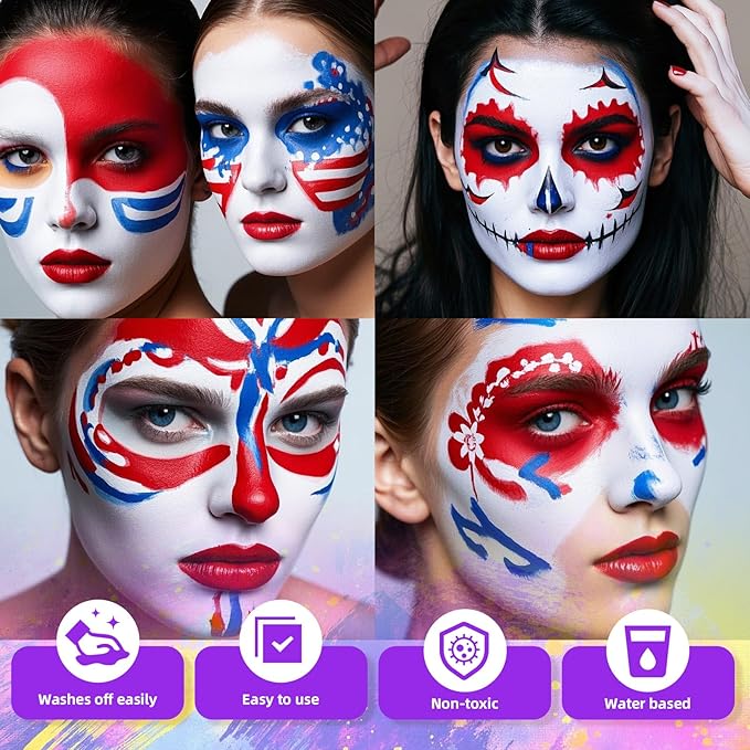 3Pcs Face Body Paint, Professional Paint for Halloween Cosplay Costume Party, Body Paint for 4th of July Pride Independence Day or America's Patriotic Veterans Events, USA Flag Face Painting