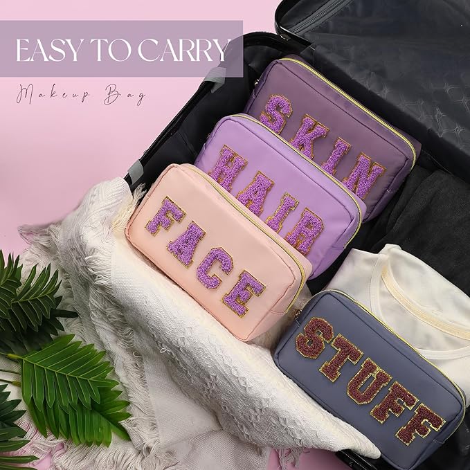 Cunno 4 Pcs Preppy Makeup Bags Chenille Letter Stuff Bag Nylon Cosmetic Pouch Cases with Zipper for Women Travel Toiletry