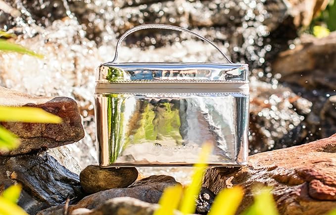 Large Insulated Metallic Silver Travel Makeup Case - Waterproof Vegan Leather Beauty Travel Skincare Bag - Heat-Resistant Zippered Designer Makeup Bag Shields Cosmetics from Melting, Freezing