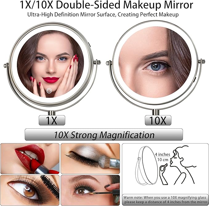JANEEVA 8" Wall Mounted Lighted Makeup Mirror,Rechargeable Double Sided 1X/10X Magnifying Mirror with 3 Color Lights,Touch Dimmable Bathroom Vanity Mirror with 360°Swivel Extendable Arm Brushed Nickel