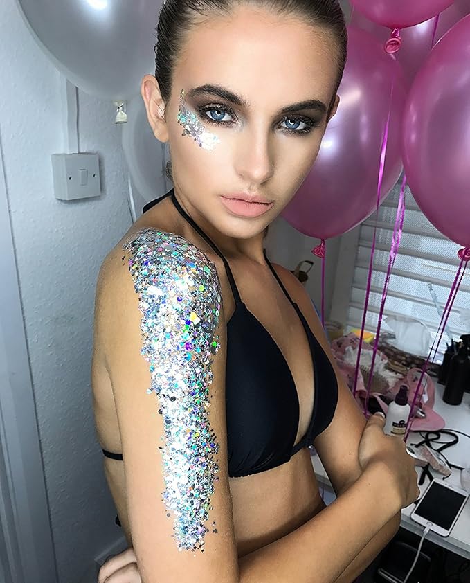 KARIZMA Holographic Silver Body Glitter - 30g Chunky Face, Hair, Eye & Body Glitter Set for Women - Rave & Festival Accessories
