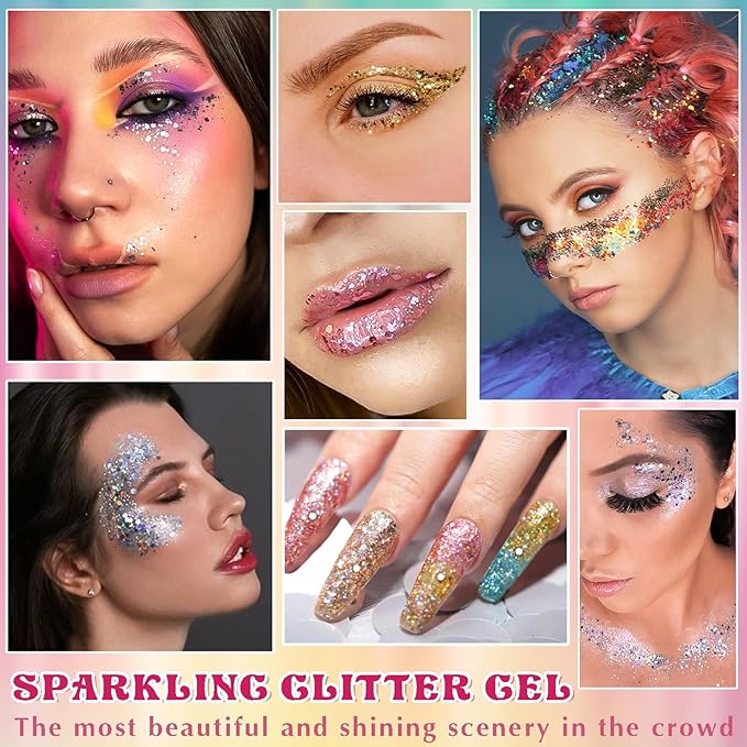 12 Colors Body Glitter Gel and Face Glitter Gel Makeup for Eyeshadow and Nails, Hair and Raves Festivals, Makeup for Women and Kids