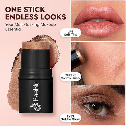 BaeBlu - Organic Blush Tube, Amaretto - 100% Natural Vegan Cream Blush Sticks, Multi-Use Bronzer, & Highlighter for Lips, Cheeks & Eyes, Buildable Shimmer, Gluten-Free, Paraben-Free, Made in USA