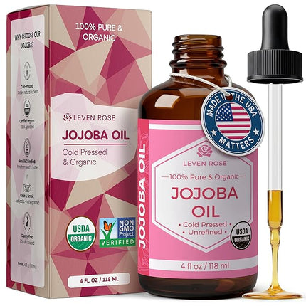 Leven Rose Jojoba Oil Organic, Pure Cold Pressed Natural Unrefined Moisturizer for Skin Hair and Nails 4 oz
