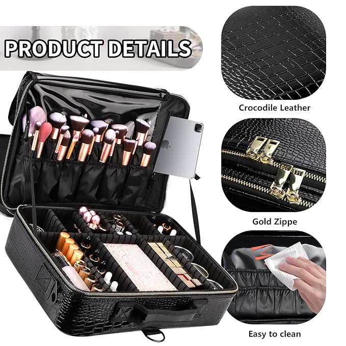 gzcz Travel Makeup Case 16" Large Cosmetic Bag Organizer Professional Portable PU Leather Makeup Storage Case Artist Box with Adiustable Dividers & Strap (L-Crocodile Pattern)