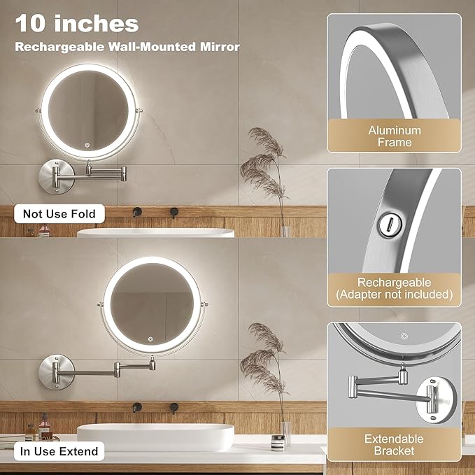 Hasipu 10-Inch Wall Mounted Makeup Mirror with Magnification, Rechargeable 3000 mAh Vanity Mirror with Lights, Bathroom Mirror with Dimmable Brightness, 3 Lighting Modes, Extendable Arm, Nickel