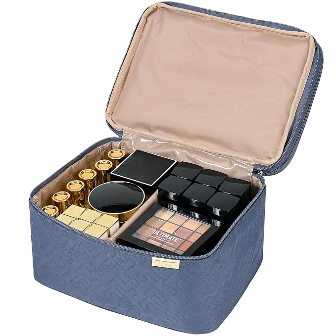 NISHEL Large Double Layer Travel Makeup Bag Women, Cosmetic Case, Organizer for Travel-Size Accessories Bottles, Brushes, Conditioner, and Skin Care Products, Aegean-Blue