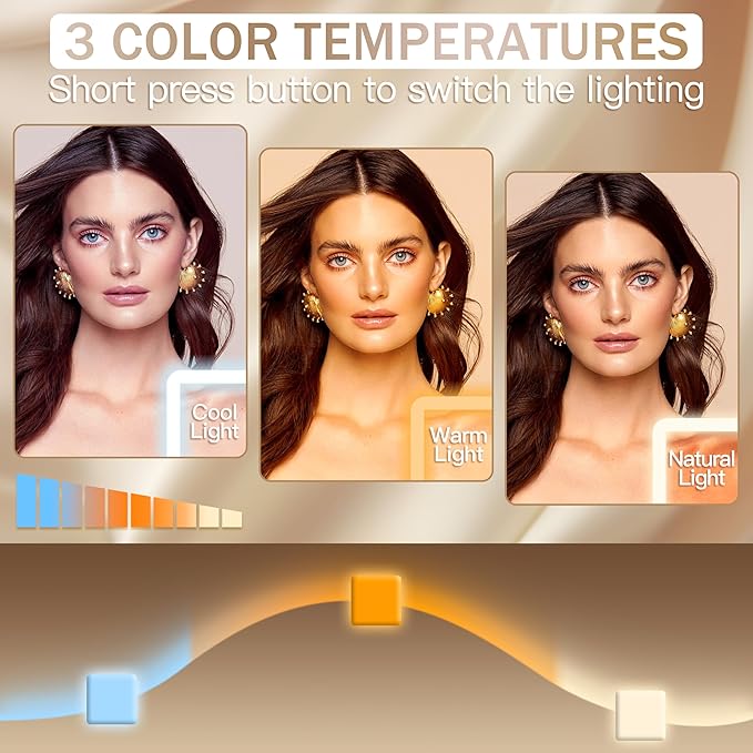 Gold Vanity Mirror with Lights, 15"x13" Lighted Makeup Mirror with Smart Touch, 3-Color Dimmable Lighting, 360° Rotation, Tabletop Mirror for Desk or Bedroom