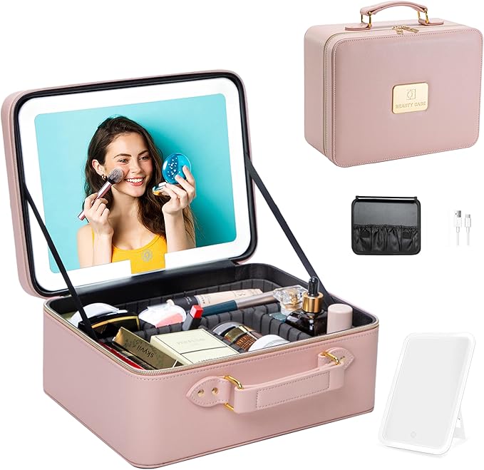 Makeup Bag with LED Mirror, Portable Makeup Artist Organizer Case with Lighted Mirror, Travel Makeup Bag for Women Cosmetic Brush Holder Storage, Pink Makeup Gift for Girls